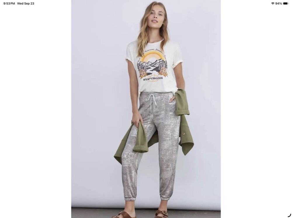 Anthropologie Sloane Shimmer Silver Joggers M Metallic Pull On Pants Holiday NWT